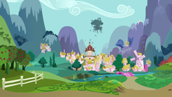 Size: 1280x720 | Tagged: safe, derpibooru import, screencap, the crystal empire, golden oaks library, mountain, ponyville, ponyville town hall, scenery, town, tree, windmill