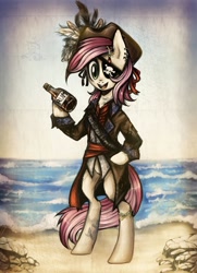 Size: 1481x2048 | Tagged: safe, artist:riddlekay, roseluck, pony, bandolier, bipedal, clothes, ear piercing, earring, eyepatch, hat, hoof hold, jewelry, looking at you, open mouth, piercing, pirate, rum, smiling, solo, tattoo