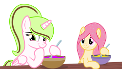 Size: 2496x1404 | Tagged: safe, artist:duyguusss, oc, oc only, oc:dakota chaos, oc:sugar sprinkles, alicorn, pony, base used, batter, bowl, female, food, mare, simple background, transparent background