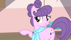 Size: 1280x720 | Tagged: safe, derpibooru import, screencap, suri polomare, earth pony, pony, rarity takes manehattan, clothes, scarf, smiling