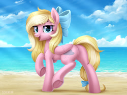 Size: 1200x900 | Tagged: safe, artist:scheadar, derpibooru import, oc, oc only, oc:bay breeze, pegasus, pony, beach, bow, commission, female, hair bow, looking at you, mare, solo, tail bow, underhoof