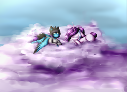 Size: 3789x2748 | Tagged: safe, artist:despotshy, derpibooru import, oc, oc only, oc:despy, oc:magical brownie, pegasus, pony, unicorn, cloud, female, high res, mare, prone, sleeping