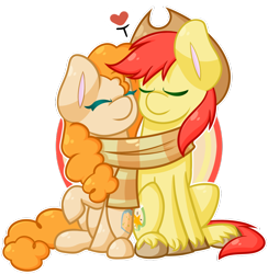 Size: 1024x1050 | Tagged: safe, artist:ak4neh, bright mac, pear butter, earth pony, pony, the perfect pear, brightbutter, chibi, clothes, cowboy hat, cute, eyes closed, hat, heart, scarf, shared clothing, shared scarf, sharing, shipping, simple background, speech bubble, stetson, transparent background, unshorn fetlocks