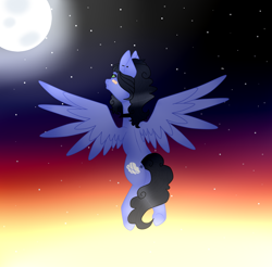 Size: 1406x1386 | Tagged: safe, artist:cindydreamlight, derpibooru import, oc, oc:justly sky, pegasus, pony, female, flying, mare, moon, solo, twilight (astronomy)