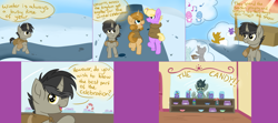 Size: 4508x2004 | Tagged: safe, artist:slushnstuff, derpibooru import, discord, pony, unicorn, ask, ask-clover-the-clever, candy, cloak, clothes, colt, food, male, pony discord, snow, tumblr, winter