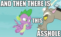 Size: 1161x708 | Tagged: safe, derpibooru import, edit, edited screencap, screencap, discord, spike, dragon, a matter of principals, duo, image macro, meme, vulgar, winged spike