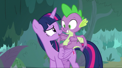 Size: 2542x1438 | Tagged: safe, derpibooru import, screencap, spike, twilight sparkle, twilight sparkle (alicorn), alicorn, dragon, pony, molt down, dragons riding ponies, duo, female, male, mare, riding, winged spike