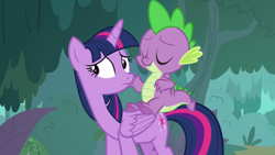 Size: 2539x1430 | Tagged: safe, derpibooru import, screencap, spike, twilight sparkle, twilight sparkle (alicorn), alicorn, dragon, pony, molt down, dragons riding ponies, duo, female, male, mare, riding