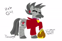 Size: 2483x1641 | Tagged: safe, artist:toon-n-crossover, derpibooru import, zeb, zebra, g1, coat markings, g1 to g4, generation leap, mohawk, red coat, reimagine, satchel, simple background, sunglasses