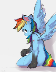 Size: 2000x2550 | Tagged: safe, artist:mtcerber, derpibooru import, rainbow dash, anthro, hengstwolf, werewolf, bite mark, blood, blushing, bra, clothes, female, paws, smiling, solo, transformation, underwear