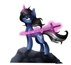 Size: 2369x2155 | Tagged: safe, artist:scarlet-spectrum, oc, oc only, oc:procelle, pony, unicorn, commission, female, levitation, magic, mare, rock, simple background, solo, sword, telekinesis, transparent background, weapon