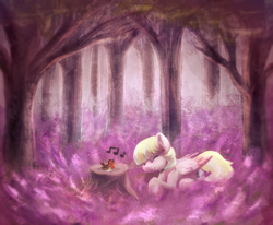 Size: 998x822 | Tagged: safe, artist:amura-of-jupiter, oc, oc only, bird, pony, eyes closed, forest, robin, singing, solo, tree