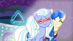 Size: 8000x4500 | Tagged: safe, artist:limedazzle, sapphire shores, sugarcoat, earth pony, pony, the mane attraction, absurd resolution, alternate universe, clothes, equestrian flag, eyes closed, female, glasses, hug, magic, mare, night, nuzzling, stars, triangle, vector