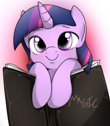 Size: 1024x1168 | Tagged: safe, artist:fotasy, derpibooru import, twilight sparkle, pony, book, bookhorse, cute, female, hnnng, mare, smiling, solo, that pony sure does love books, twiabetes, weapons-grade cute