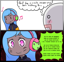 Size: 1300x1259 | Tagged: safe, artist:lazerblues, derpibooru import, oc, oc:nana, satyr, headphones, meme, music notes, offspring, parent:queen chrysalis