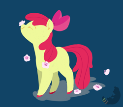 Size: 2427x2121 | Tagged: safe, artist:drutheredpanda, derpibooru import, apple bloom, earth pony, pony, colored hooves, eyes closed, female, filly, flower, flower on nose, solo, squint, walking