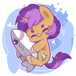 Size: 894x894 | Tagged: safe, artist:exceru-karina, derpibooru import, oc, oc only, oc:sharkbutt, shark, unicorn, chibi, cuddling, cute, hug, male, not scootaloo, ocbetes, plushie, shark plushie, snuggling, solo