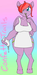 Size: 1569x3193 | Tagged: safe, artist:glacierfrostclaw, oc, oc only, oc:confetti trails, anthro, pegasus, apron, batter, cake batter, clothes, female, food, frosting, mare, taste test, wooden spoon