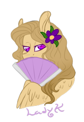 Size: 717x1043 | Tagged: safe, artist:kimyowolf, derpibooru import, oc, oc:kimmy, pegasus, pony, bust, female, flower, flower in hair, hand fan, mare, portrait, simple background, solo, transparent background