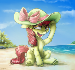 Size: 3600x3354 | Tagged: safe, artist:gaelledragons, apple bloom, earth pony, pony, beach, bow, hat, high res, palm tree, sand, sitting, solo, sun hat, tree, underhoof, unshorn fetlocks, water