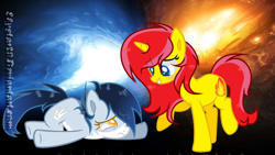 Size: 1024x579 | Tagged: safe, artist:skystar20, derpibooru import, oc, oc only, oc:flaming flare, oc:snowy fly, earth pony, pony, unicorn, female, mare, prone