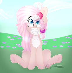 Size: 1025x1036 | Tagged: safe, artist:moonlightdisney5, derpibooru import, oc, oc:lotus, earth pony, pony, female, flower, mare, sitting, solo