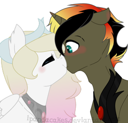 Size: 1024x982 | Tagged: safe, artist:ipandacakes, oc, oc only, oc:imperial ire, oc:valkyrie, hybrid, pony, unicorn, female, interspecies offspring, kissing, male, offspring, offspring shipping, parent:discord, parent:princess celestia, parents:dislestia, shipping, simple background, straight, transparent background, valkyrial