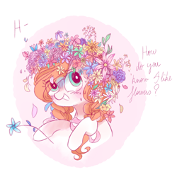 Size: 5000x5000 | Tagged: safe, artist:pinkablue, derpibooru import, oc, oc only, oc:flowering, earth pony, pony, absurd resolution, blushing, bust, cute, dialogue, female, flower, flower in hair, hoof hold, mare