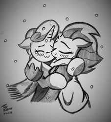 Size: 1669x1841 | Tagged: safe, artist:brekrofmadness, derpibooru import, idw, fizzlepop berrytwist, glitter drops, tempest shadow, pony, blushing, clothes, crying, eyes closed, female, glittershadow, hug, lesbian, monochrome, scarf, shipping, tears of joy, traditional art