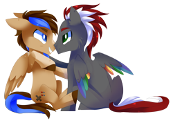 Size: 4381x3178 | Tagged: safe, artist:sorasku, oc, oc only, oc:chiptune, oc:mahx, pegasus, pony, absurd resolution, colored wings, commission, gay, looking at each other, male, multicolored wings, raised hoof, simple background, sitting, smiling, stallion, transparent background