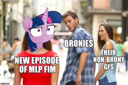 Size: 750x500 | Tagged: safe, derpibooru import, twilight sparkle, twilight sparkle (alicorn), alicorn, my little pony: the movie, brony, distracted boyfriend meme, image macro, meme, non-brony