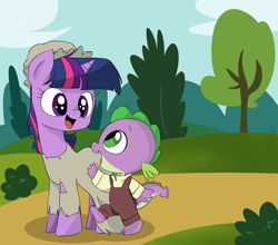 Size: 1380x1214 | Tagged: safe, artist:emositecc, derpibooru import, spike, twilight sparkle, unicorn twilight, dragon, pony, unicorn, clothes, crossover, female, filly, filly twilight sparkle, hat, les miserables, smiling, younger