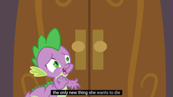 Size: 1366x768 | Tagged: safe, screencap, spike, dragon, the crystal empire, meme, solo, worried, youtube caption