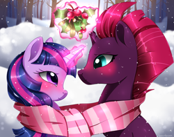 Size: 1498x1187 | Tagged: safe, artist:beanbunn, derpibooru import, fizzlepop berrytwist, tempest shadow, twilight sparkle, twilight sparkle (alicorn), alicorn, pony, unicorn, blushing, bound, bouquet, broken horn, clothes, couple, cute, embarrassed, eye scar, female, forest, glowing horn, lesbian, looking at each other, magic, mare, mistleholly, scar, scarf, shared clothing, shared scarf, shipping, snow, snowfall, telekinesis, tempestlight, tree, waiting, winter, wreath