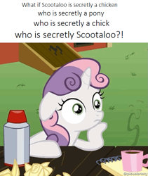 Size: 633x750 | Tagged: safe, derpibooru import, edit, edited screencap, screencap, sweetie belle, pony, unicorn, ponyville confidential, deep thoughts, exploitable meme, female, filly, horn, image macro, implied scootaloo, meme, obligatory pony, solo, sudden clarity sweetie belle, text, two toned mane, white coat, wide eyes