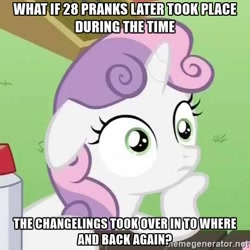 Size: 460x460 | Tagged: safe, sweetie belle, pony, unicorn, 28 pranks later, to where and back again, exploitable meme, female, filly, horn, image macro, meme, obligatory pony, solo, sudden clarity sweetie belle, text, two toned mane, white coat, wide eyes