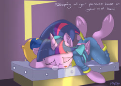 Size: 3227x2286 | Tagged: safe, artist:mistydash, twilight sparkle, twilight sparkle (alicorn), alicorn, pony, ass up, bed, clothes, cute, eyes closed, majestic as fuck, pajamas, pillow, silly, silly pony, sleeping, snot bubble, solo, tail wrap, underhoof