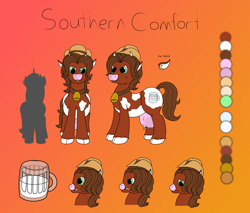 Size: 5050x4300 | Tagged: safe, artist:xyclone, derpibooru import, oc, oc only, oc:southern comfort, cow pony, hybrid, absurd resolution, cloven hooves, cutie mark, green eyes, hat, milk, reference sheet, size comparison, solo, udder