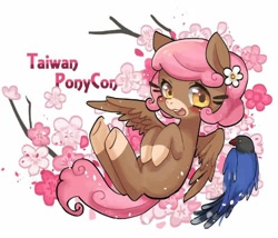 Size: 656x562 | Tagged: artist needed, safe, derpibooru import, oc, oc:xiao mei, bird, pegasus, pony, blushing, flower, flower in hair, magpie, socks (coat marking), taiwan blue magpie, taiwan ponycon