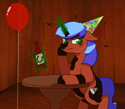 Size: 2453x2153 | Tagged: safe, artist:fortes-feather, derpibooru import, oc, oc only, oc:salty sparkle, alcohol, balloon, beer, beer bottle, cross-popping veins, grumpy, happy birthday, hat, party hat, solo