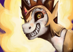 Size: 4960x3508 | Tagged: safe, artist:toisanemoif, derpibooru import, daybreaker, alicorn, pony, bust, evil grin, grin, portrait, sharp teeth, smiling, solo, teeth