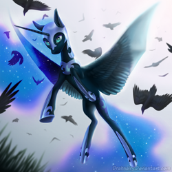 Size: 2000x2000 | Tagged: safe, artist:draknairy, nightmare moon, alicorn, bird, pony, flying, solo