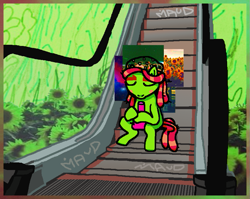 Size: 855x680 | Tagged: safe, artist:grinwild, derpibooru exclusive, tree hugger, earth pony, pony, bong, drugs, escalator, marijuana, sitting, solo