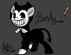 Size: 673x524 | Tagged: safe, artist:pinkiepie6680, derpibooru import, pony, bendy, bendy and the ink machine, bowtie, devil tail, grin, ponified, quill pen, smiling, solo