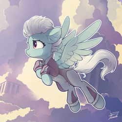 Size: 2200x2200 | Tagged: safe, artist:freeedon, derpibooru import, fleetfoot, pegasus, pony, clothes, cloud, female, flying, jumpsuit, looking away, sky, solo, spread wings, wings