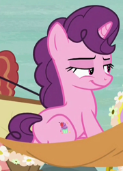 Size: 596x829 | Tagged: safe, screencap, sugar belle, pony, hard to say anything, cropped, hammock, lidded eyes, prone, sitting, smiling, smirk, smug, smug belle