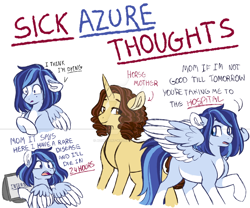 Size: 1024x853 | Tagged: safe, artist:azure-art-wave, derpibooru import, oc, oc only, oc:azure, pegasus, pony, unicorn, female, hypochondria, mare, watermark