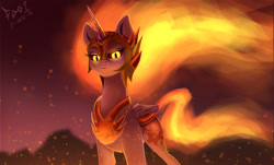 Size: 3204x1937 | Tagged: safe, artist:foughtdragon01, derpibooru import, daybreaker, alicorn, pony, female, fire, mane of fire, mare, redraw, solo