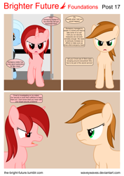 Size: 5656x8000 | Tagged: safe, artist:waveywaves, derpibooru import, oc, oc only, oc:crivet, oc:ruby rey, earth pony, pony, unicorn, comic:brighter future, absurd resolution, comic, unnamed oc