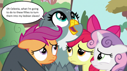 Size: 1280x720 | Tagged: safe, derpibooru import, edit, edited screencap, screencap, apple bloom, gabby, scootaloo, sweetie belle, earth pony, griffon, pegasus, pony, unicorn, the fault in our cutie marks, bow, cute, cutie mark crusaders, female, filly, gabbybetes, hair bow, lesbian